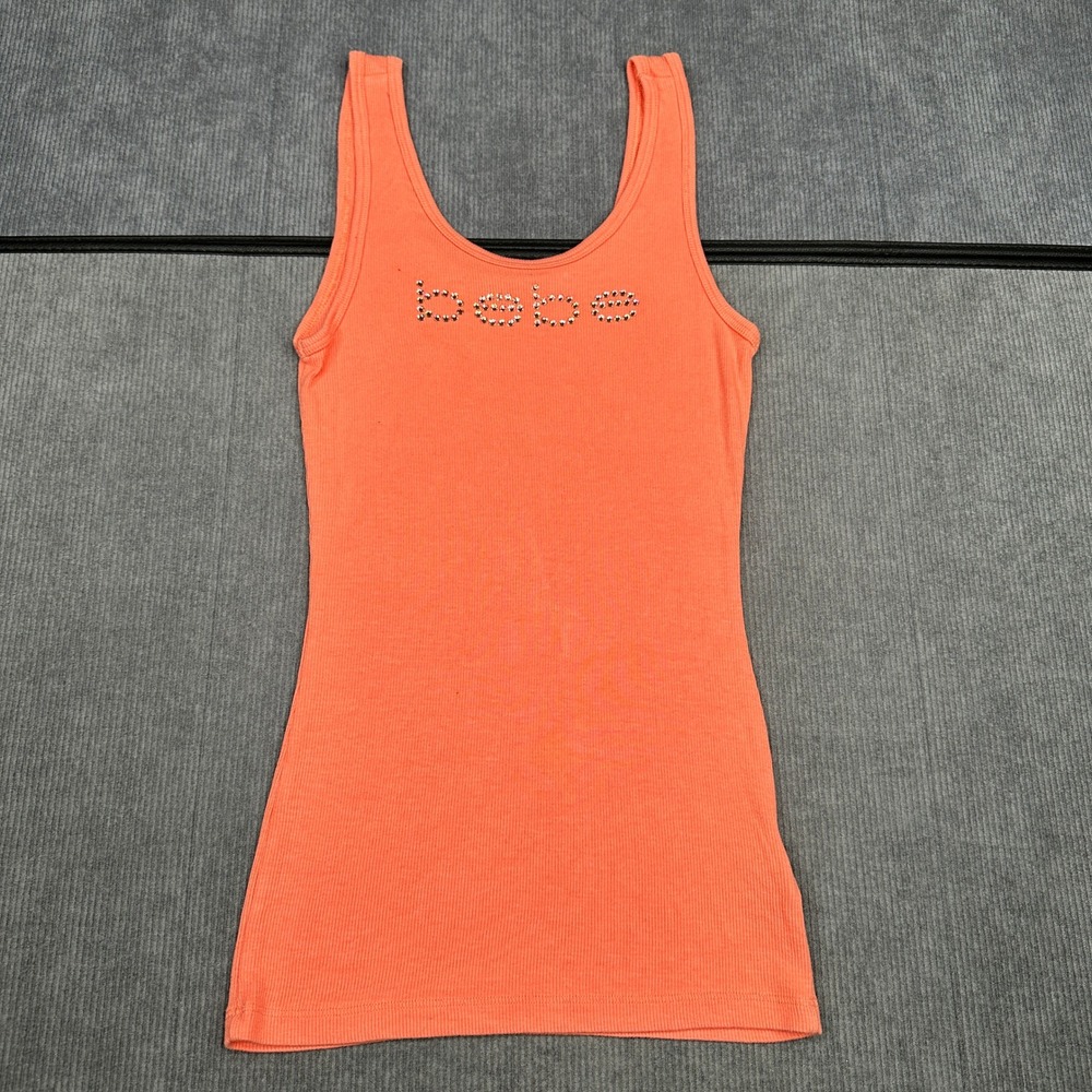 Bebe Orange Ribbed Rhinestone Logo Tank Top Scoop Neck Y2K Small